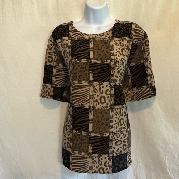 F-34 Kathy Che PLUS SIZE 16 Vintage Brown & Black Animal Print Pullover Blouse‎ - Picture 1 of 16